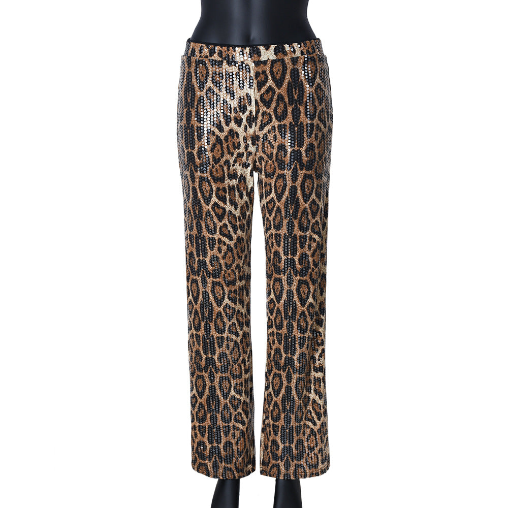 Sequin Leopard Print High Waist Straight Pants - Apricot