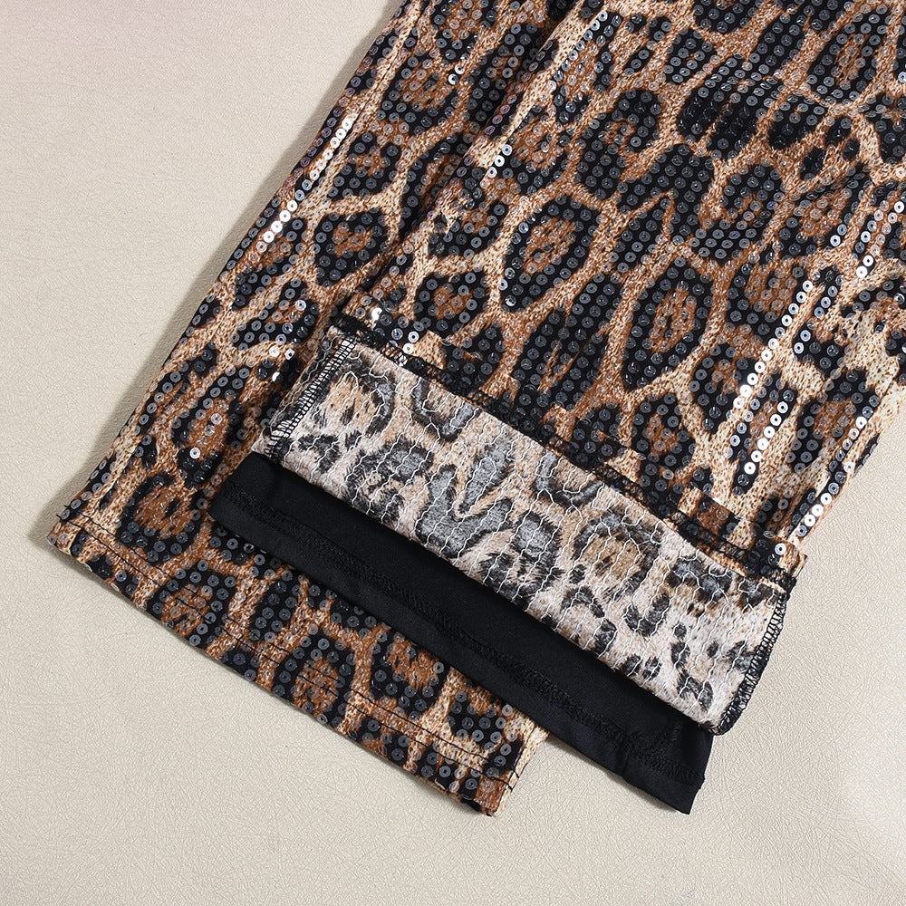 Sequin Leopard Print High Waist Straight Pants - Apricot - 1