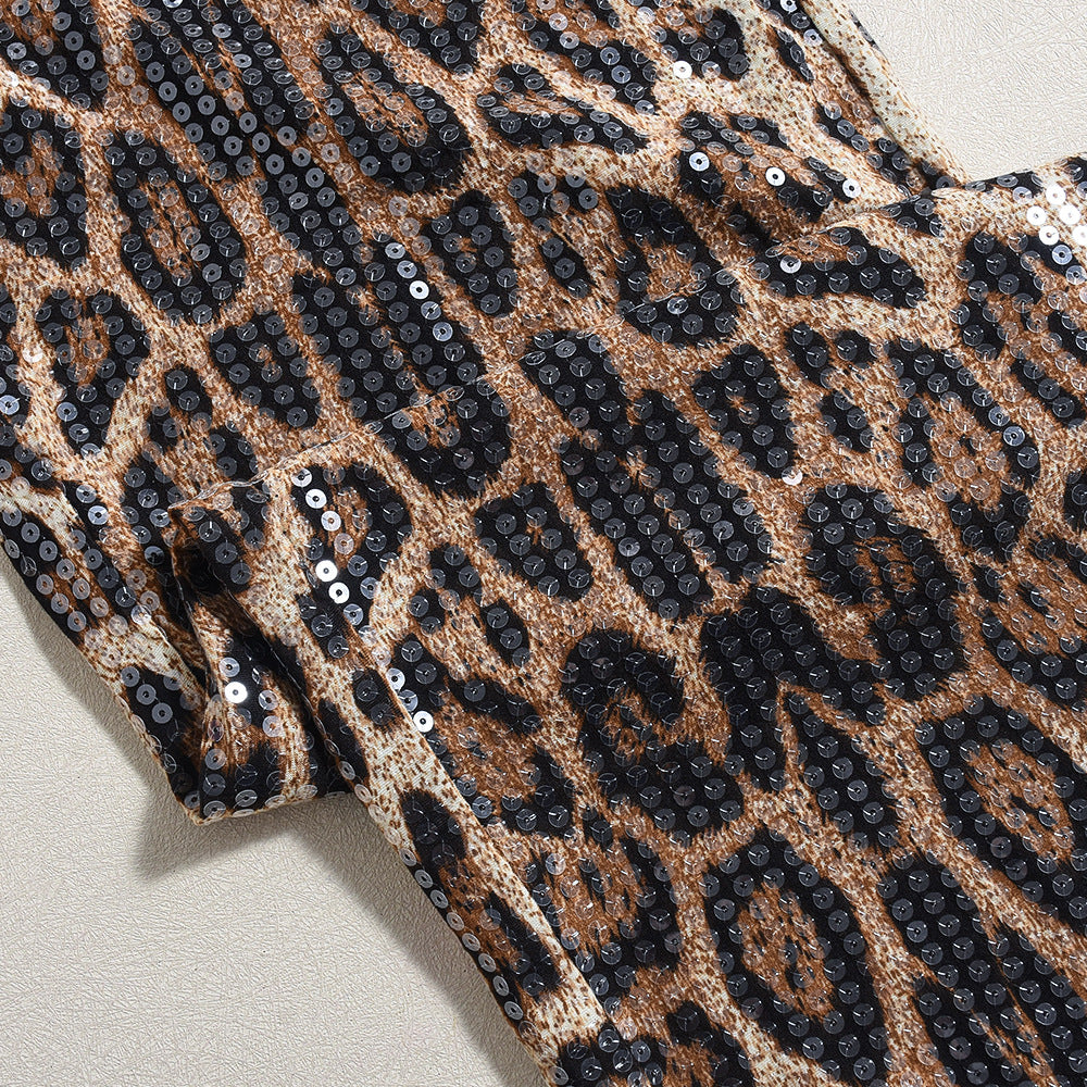 Sequin Leopard Print High Waist Straight Pants - Apricot - 2
