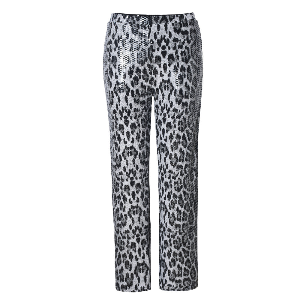 Sequin Leopard Print High Waist Straight Pants - Grey