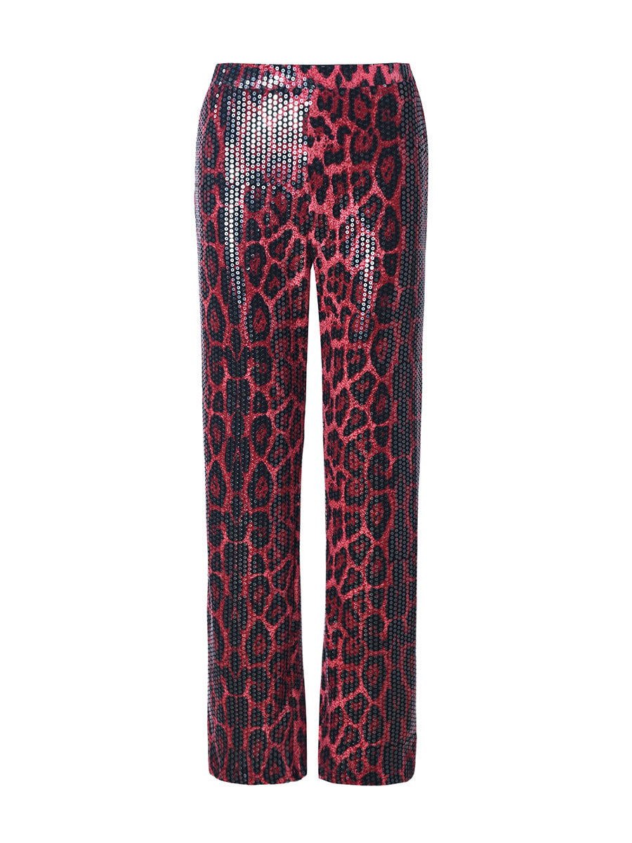 Sequin Leopard Print High Waist Straight Pants - Red