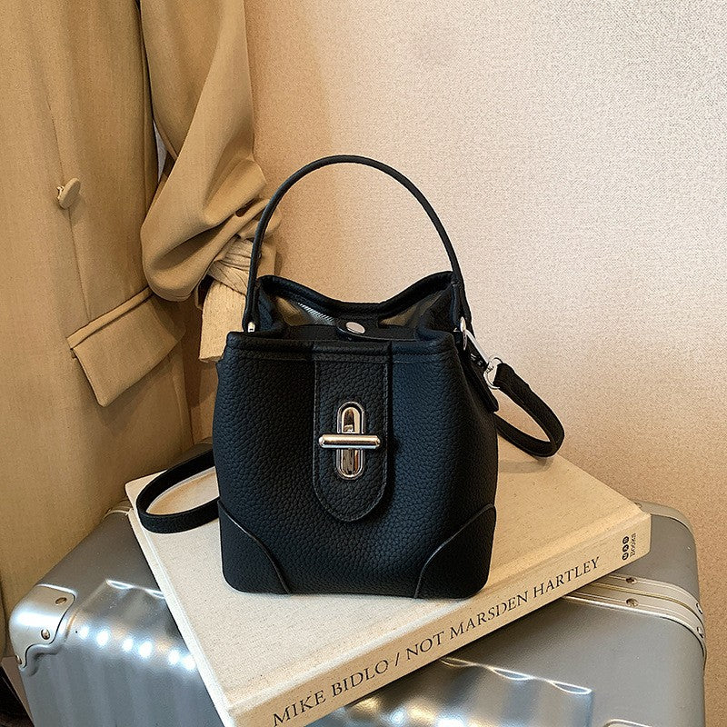 Mini Turn Lock Bucket Bag with Crossbody Strap - Black