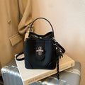 Mini Turn Lock Bucket Bag with Crossbody Strap - Black Charm