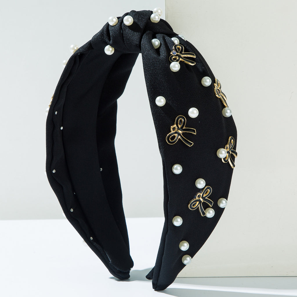 Pearl And Bow Charm Knotted Headband - Black