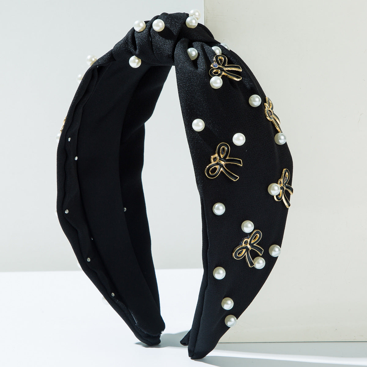 Pearl And Bow Charm Knotted Headband - Black
