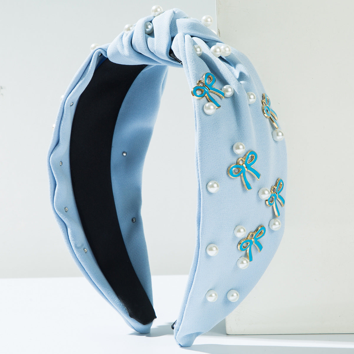 Pearl And Bow Charm Knotted Headband - Blue