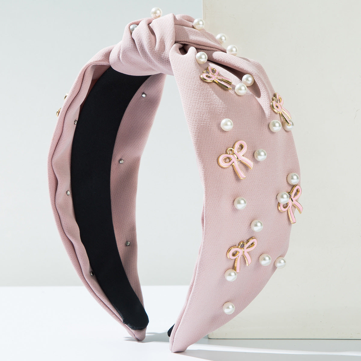 Pearl And Bow Charm Knotted Headband - Pink