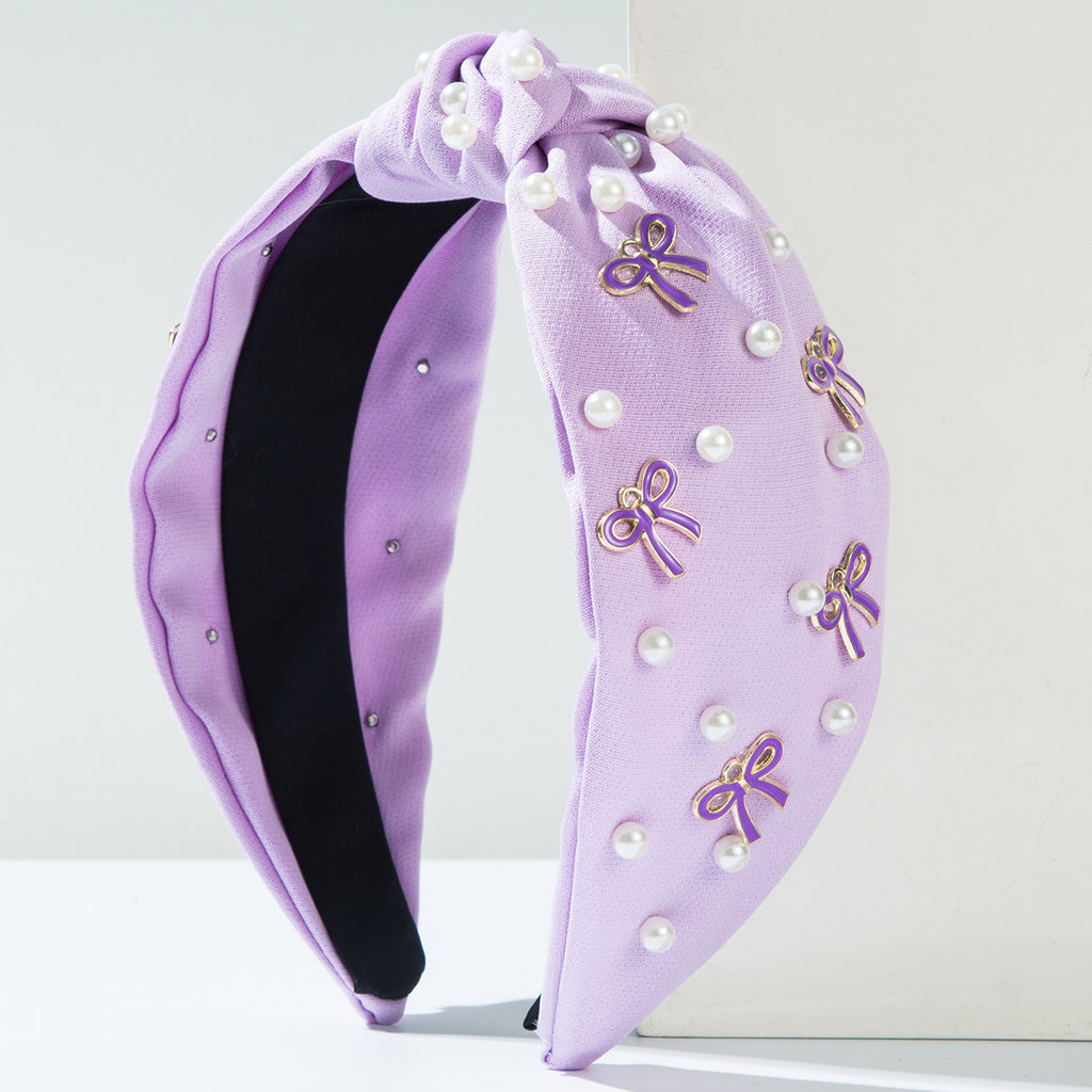 Pearl And Bow Charm Knotted Headband - Purple