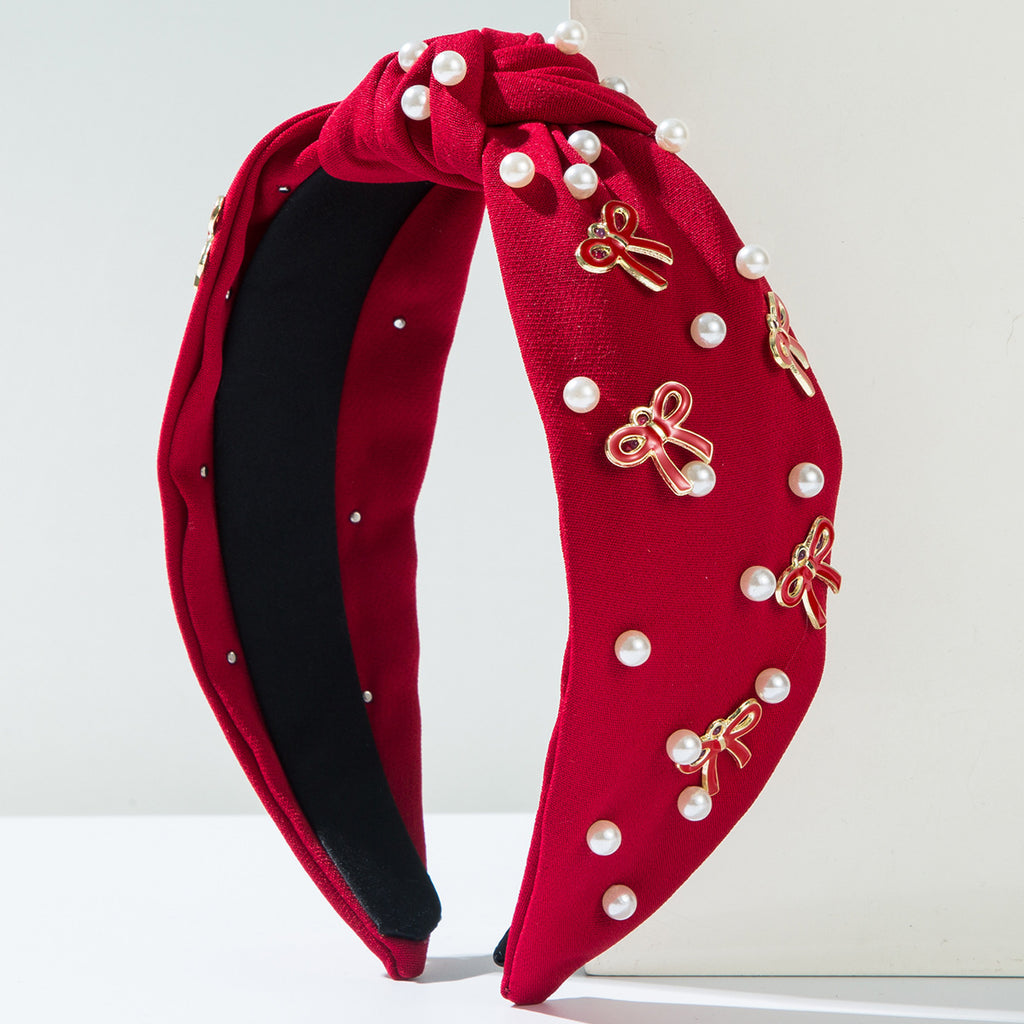 Pearl And Bow Charm Knotted Headband - Red