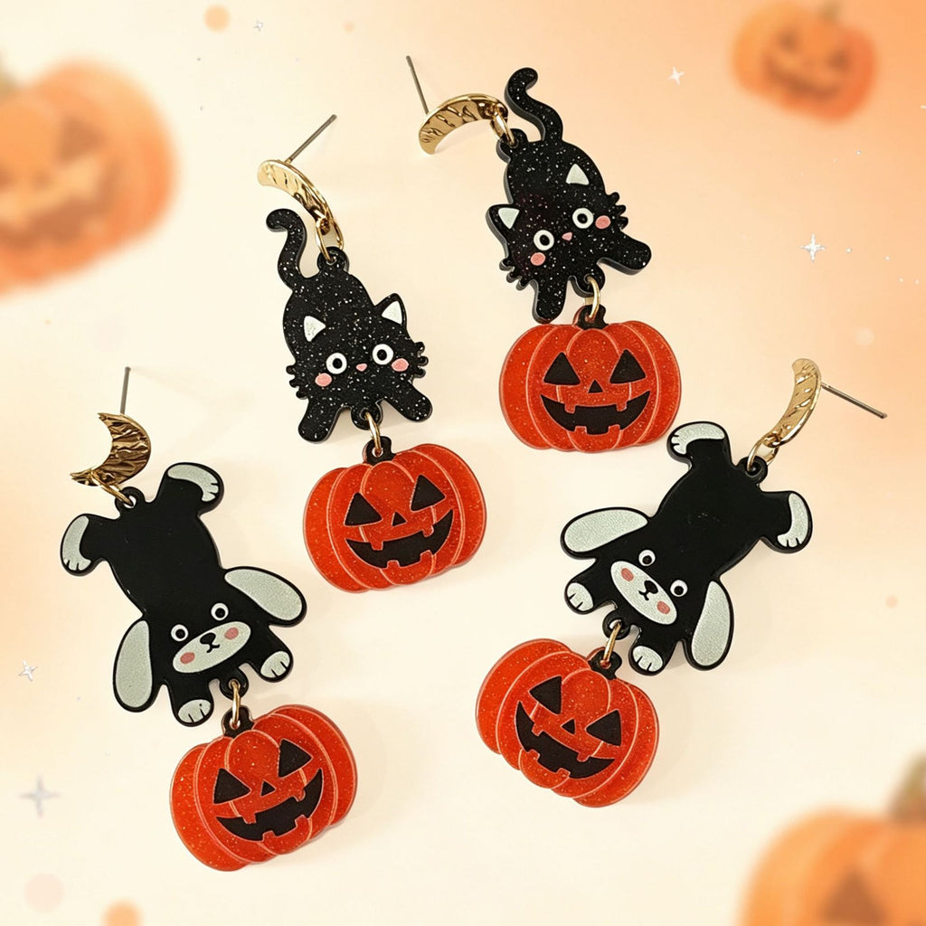 Cat Puppy Pumpkin Halloween Dangle Earrings - Cat
