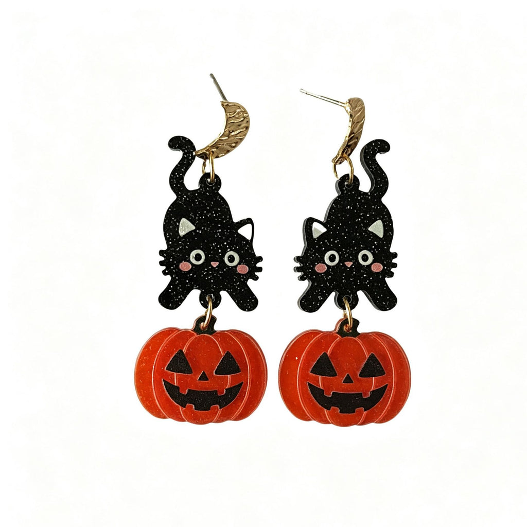 Cat Puppy Pumpkin Halloween Dangle Earrings - Cat - 1