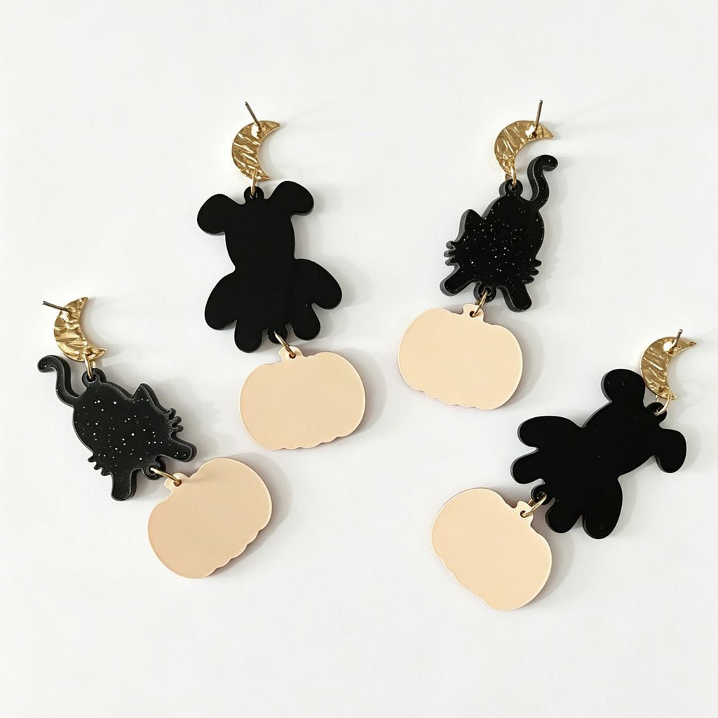 Cat Puppy Pumpkin Halloween Dangle Earrings - Cat - 2