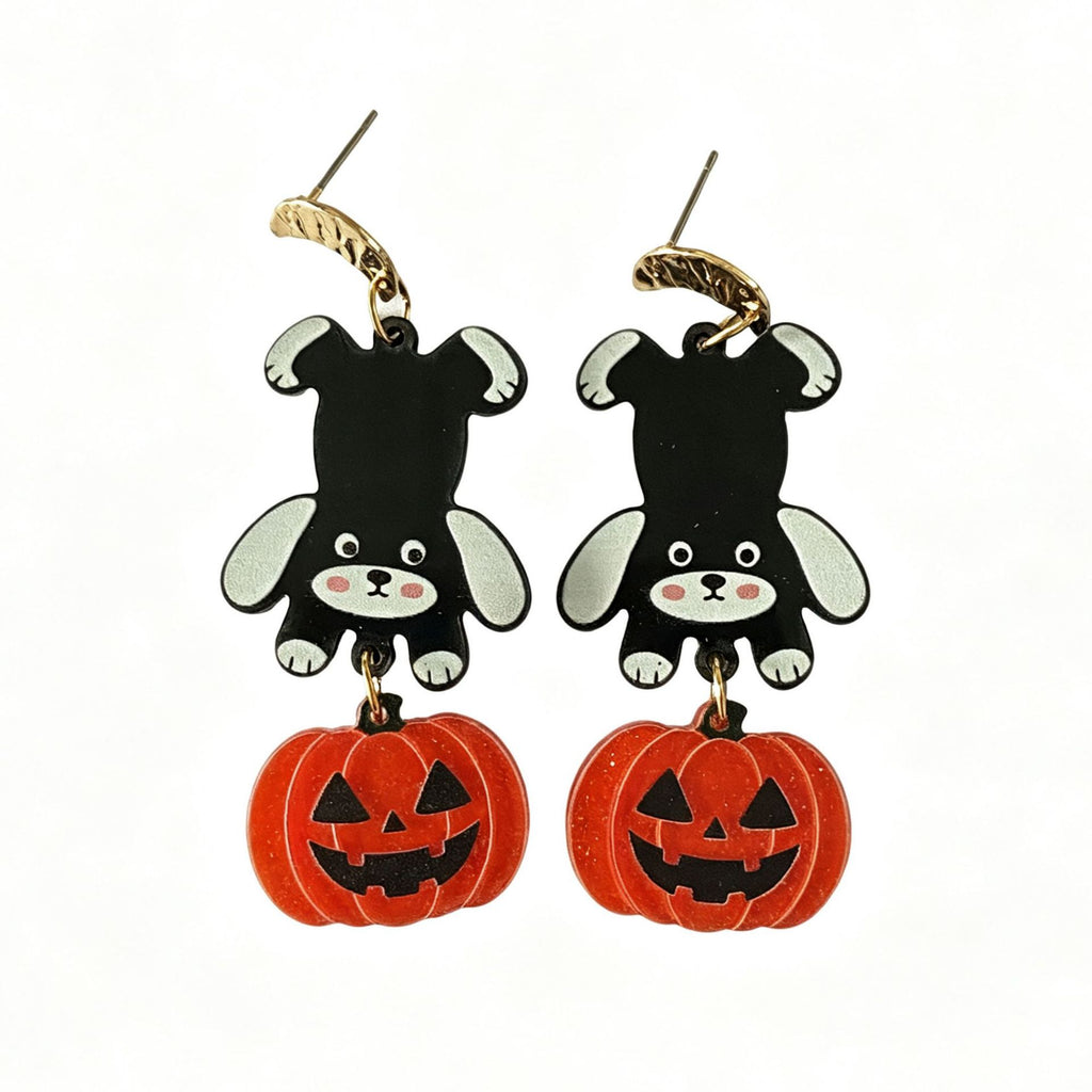 Cat Puppy Pumpkin Halloween Dangle Earrings - Puppy