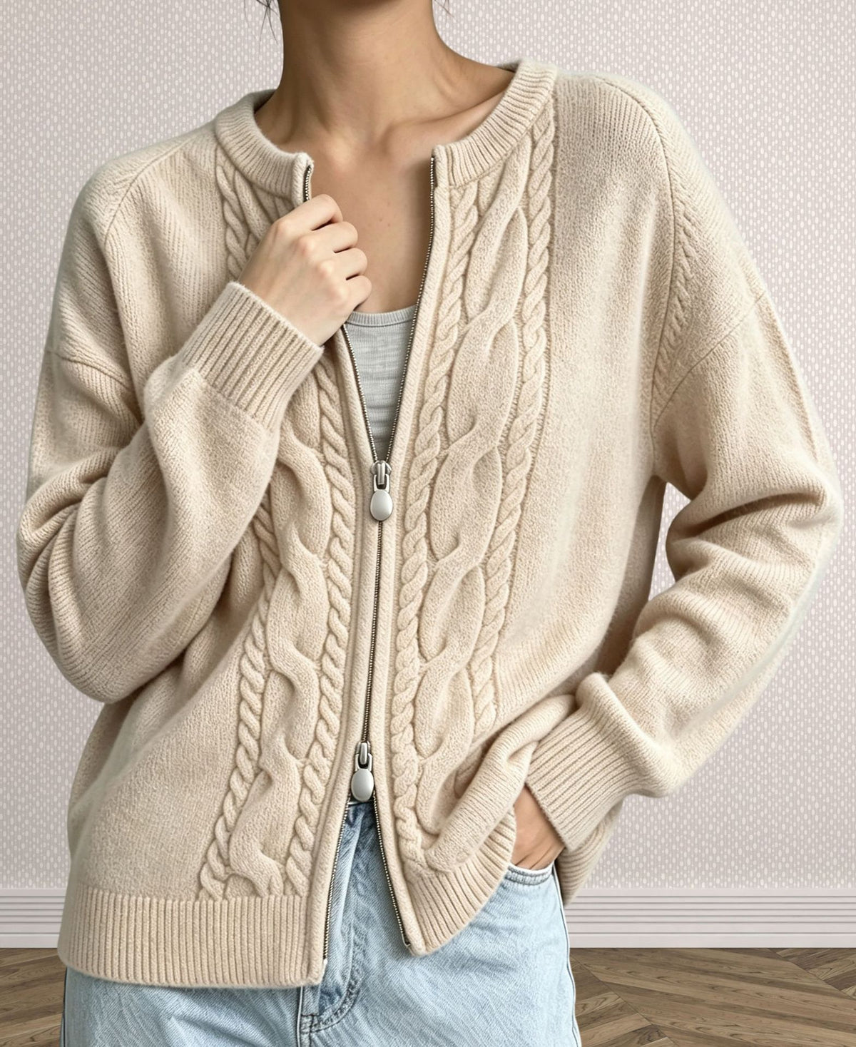Cable Knit Zip Front Crew Neck Cardigan - Beige