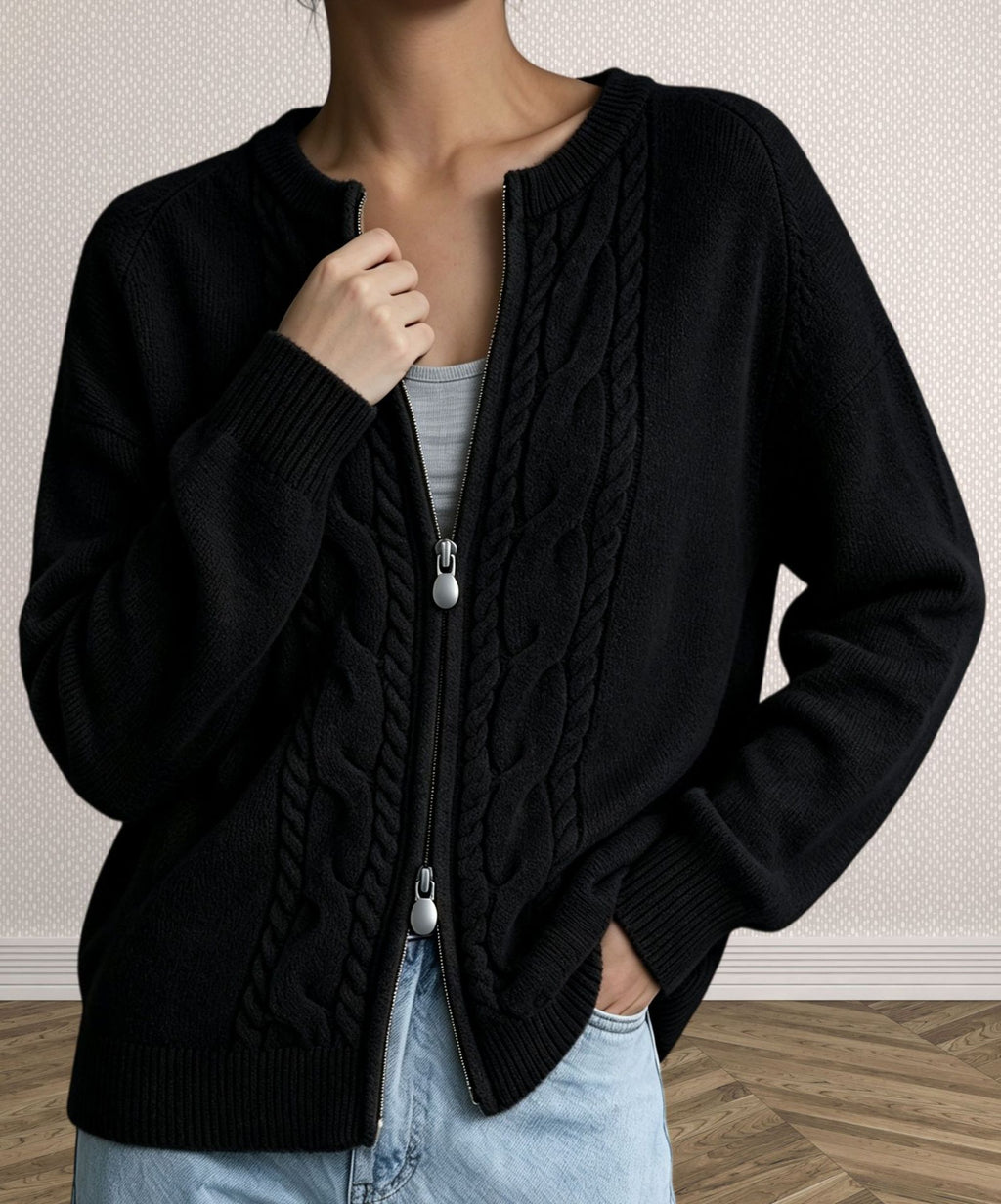 Cable Knit Zip Front Crew Neck Cardigan - Black