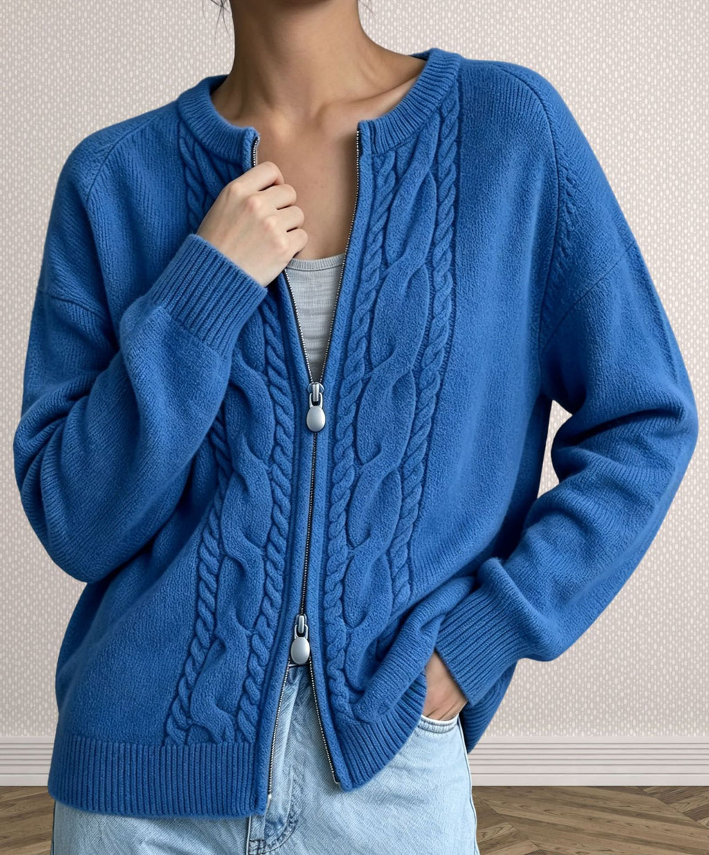 Cable Knit Zip Front Crew Neck Cardigan - Blue
