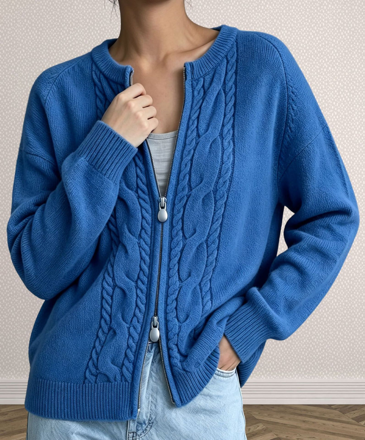 Cable Knit Zip Front Crew Neck Cardigan - Blue