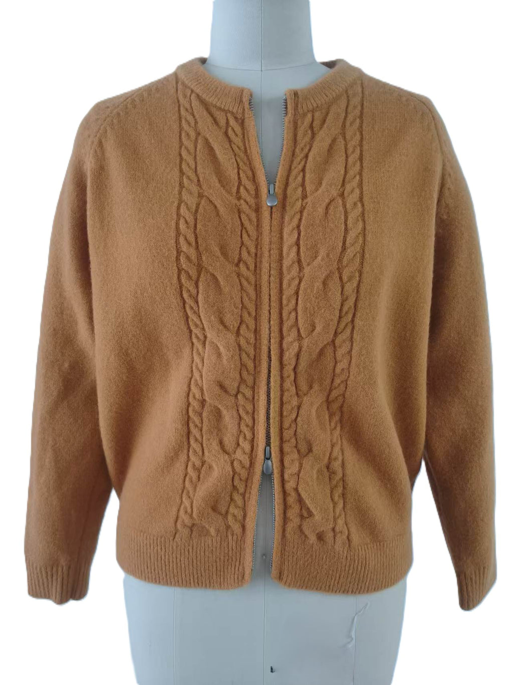 Cable Knit Zip Front Crew Neck Cardigan - Camel