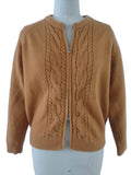 Cable Knit Zip Front Crew Neck Cardigan - Camel
