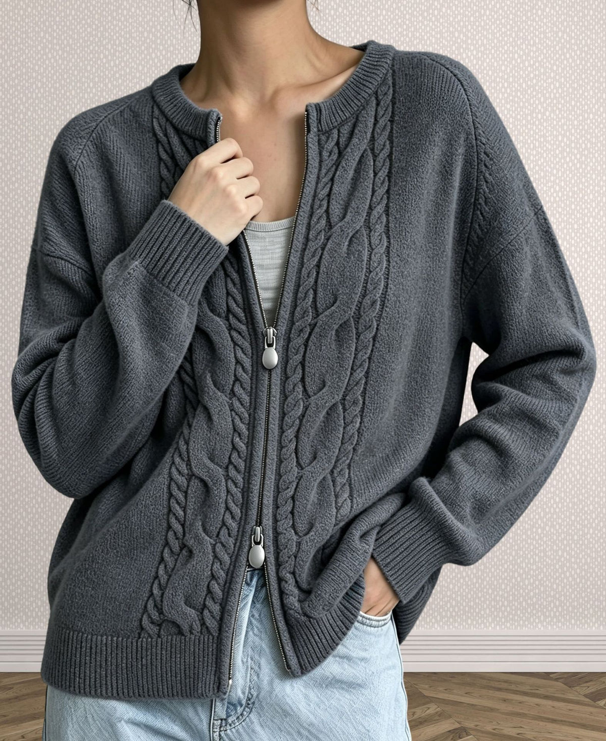 Cable Knit Zip Front Crew Neck Cardigan - Grey