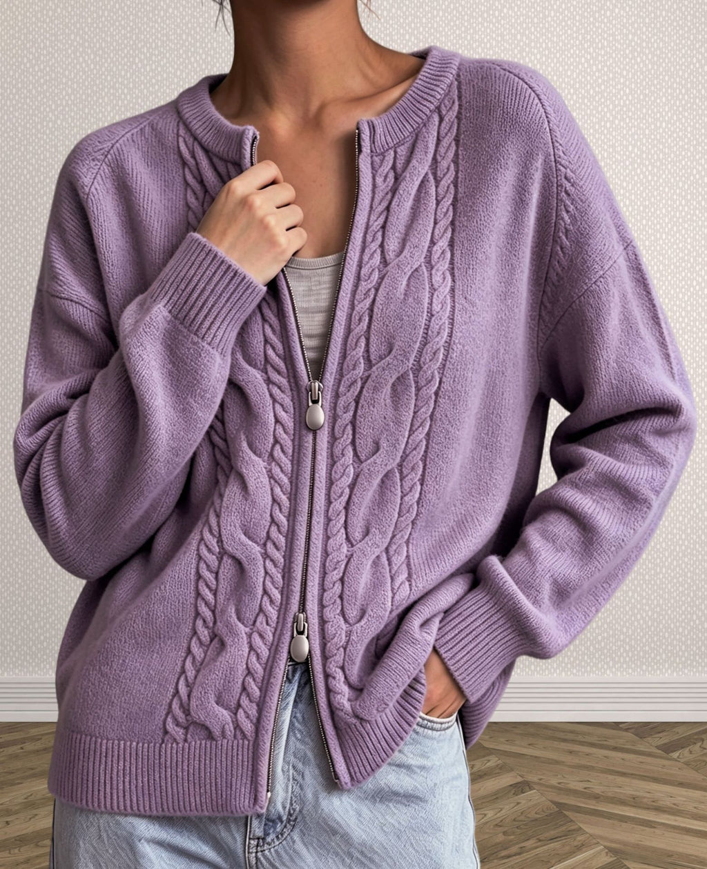 Cable Knit Zip Front Crew Neck Cardigan - Purple
