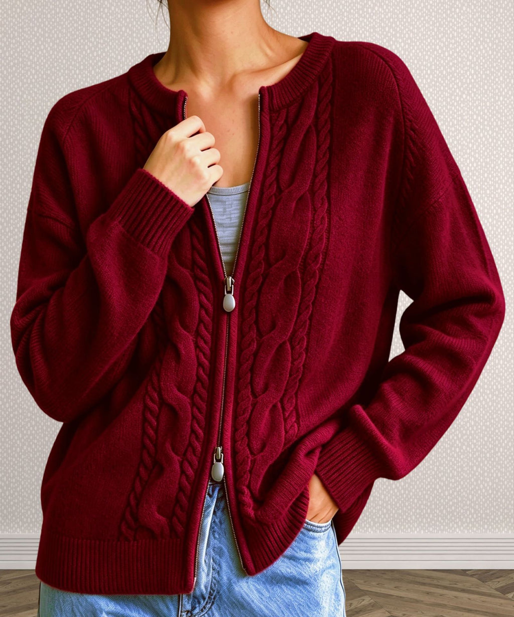 Cable Knit Zip Front Crew Neck Cardigan - WineRed