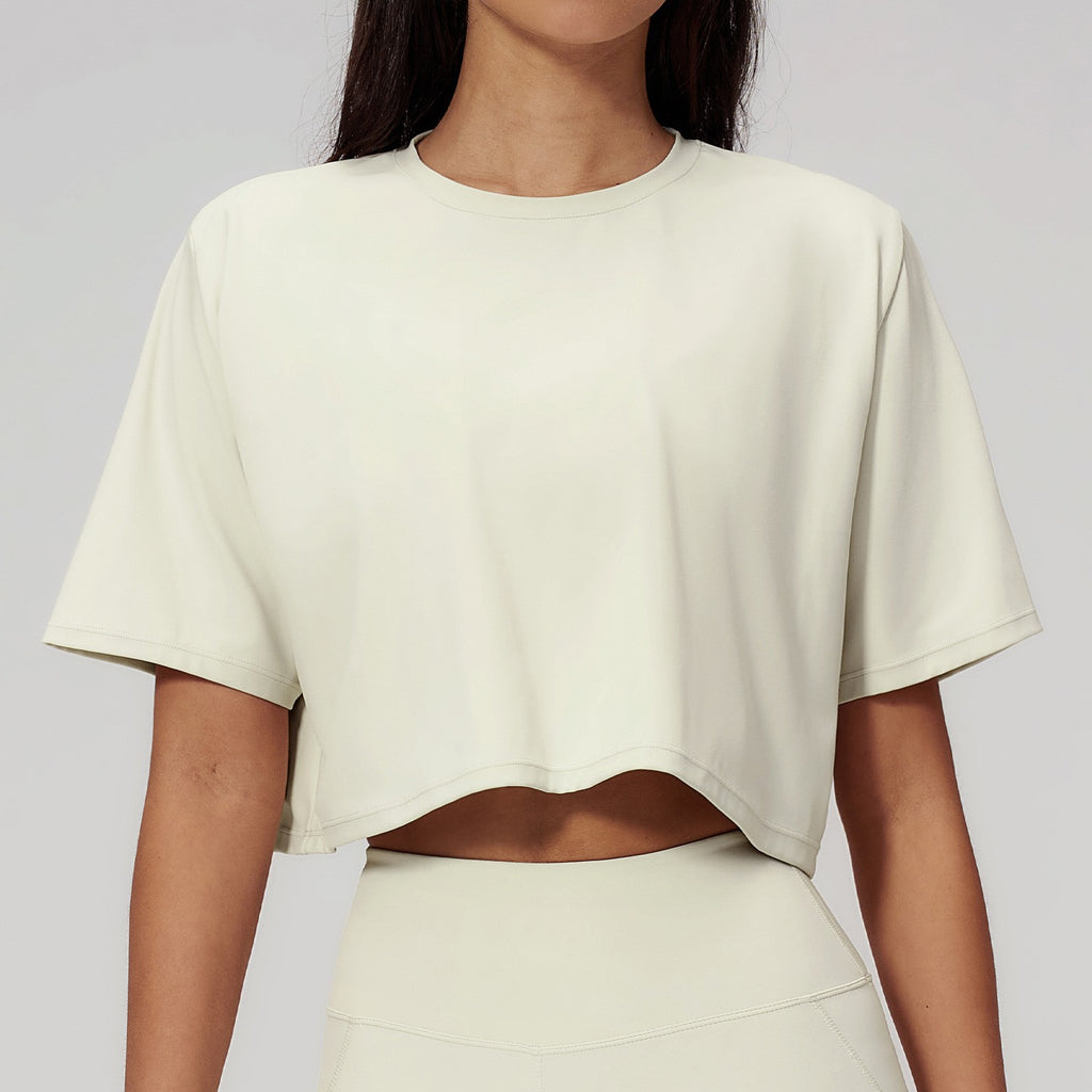 Brushed Nylon Boxy Cropped Gym Tee - Cream
