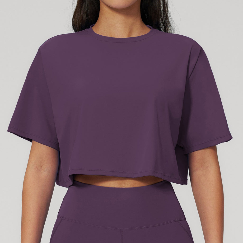 Brushed Nylon Boxy Cropped Gym Tee - Plum