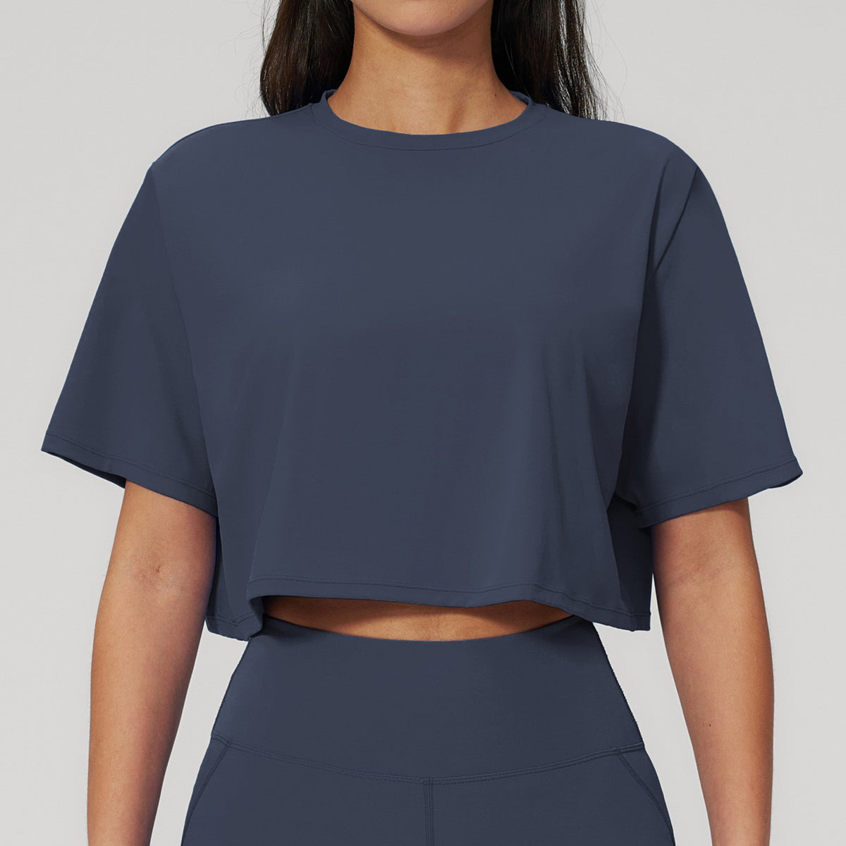 Brushed Nylon Boxy Cropped Gym Tee - Slate Navy