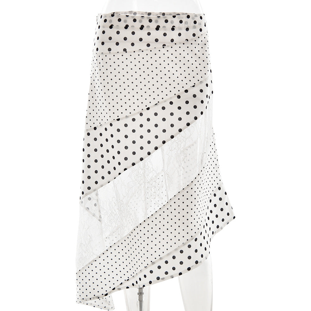 Sheer Dotted Midi Skirt With Lace Inset - White