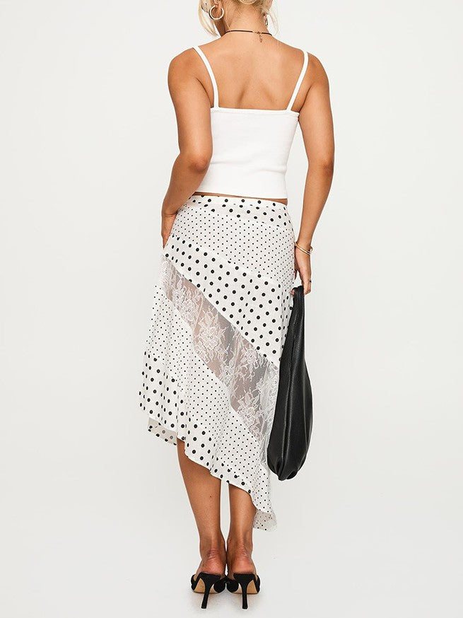 Sheer Dotted Midi Skirt With Lace Inset - view 1