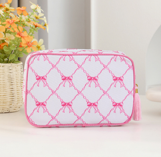 Structured Striped Travel Makeup Bag with Tassel Charm - BPink