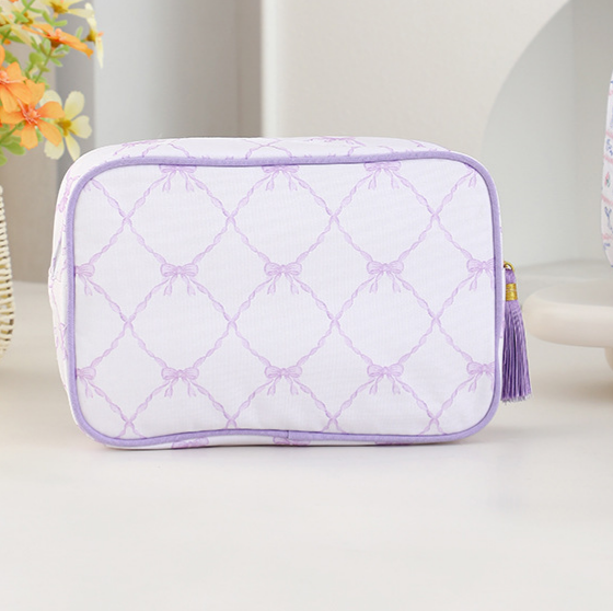 Structured Striped Travel Makeup Bag with Tassel Charm - BPurple