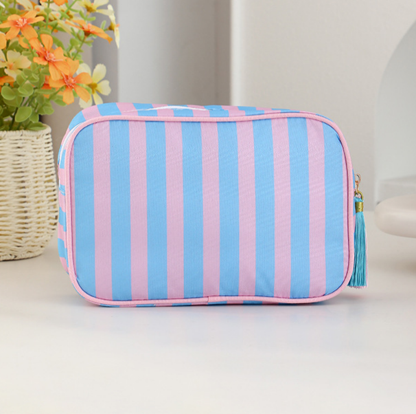 Structured Striped Travel Makeup Bag with Tassel Charm - BluePink