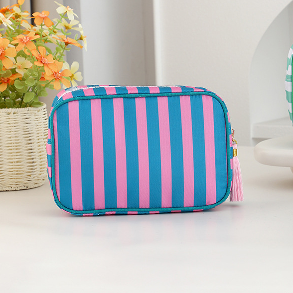 Structured Striped Travel Makeup Bag with Tassel Charm - GRose