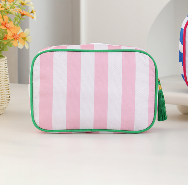 Structured Striped Travel Makeup Bag with Tassel Charm - Gpink