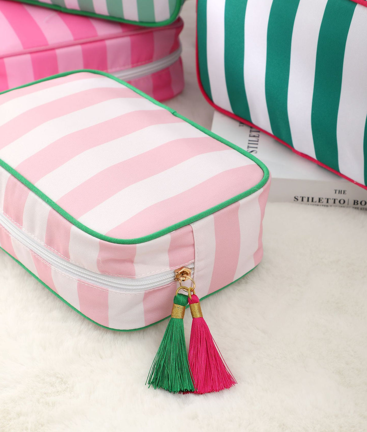 Structured Striped Travel Makeup Bag with Tassel Charm - Gpink - 6