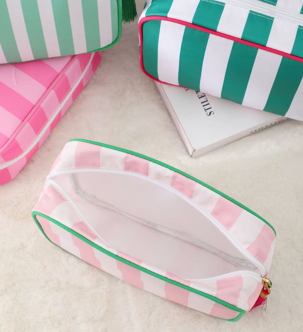 Structured Striped Travel Makeup Bag with Tassel Charm - Gpink - 7