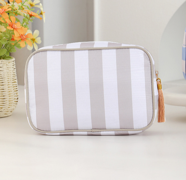 Structured Striped Travel Makeup Bag with Tassel Charm - Grey