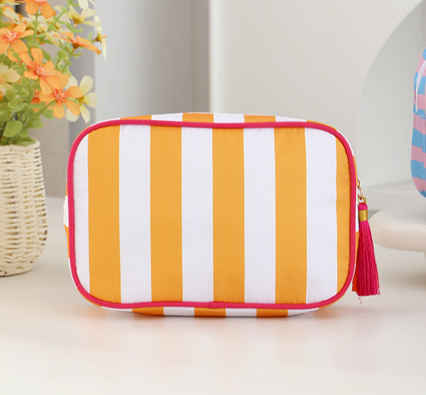 Structured Striped Travel Makeup Bag with Tassel Charm - Orange