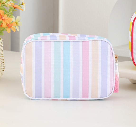 Structured Striped Travel Makeup Bag with Tassel Charm - Rainbow