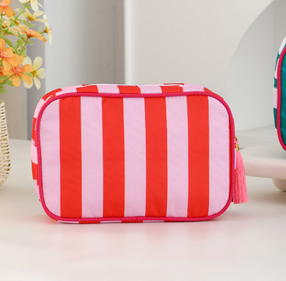 Structured Striped Travel Makeup Bag with Tassel Charm - Red
