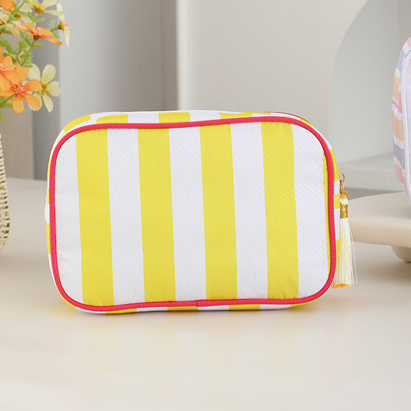 Structured Striped Travel Makeup Bag with Tassel Charm - Yellow