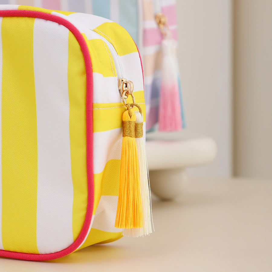 Structured Striped Travel Makeup Bag with Tassel Charm - Yellow - 3
