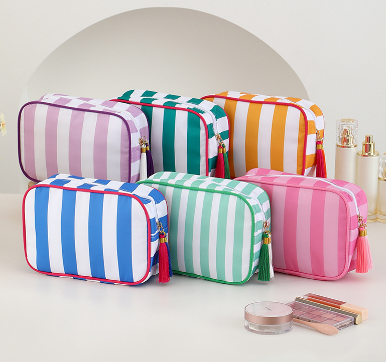 Structured Striped Travel Makeup Bag with Tassel Charm - Yellow - 4