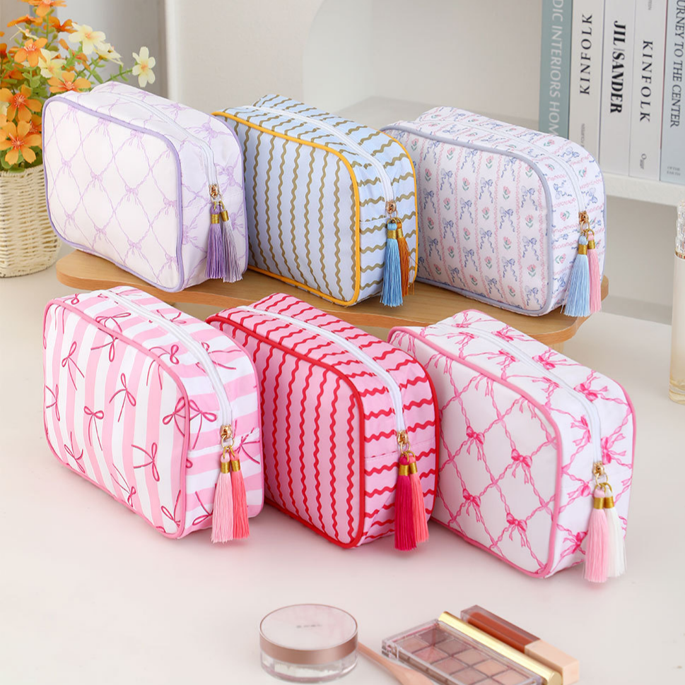 Structured Striped Travel Makeup Bag with Tassel Charm - Yellow - 5