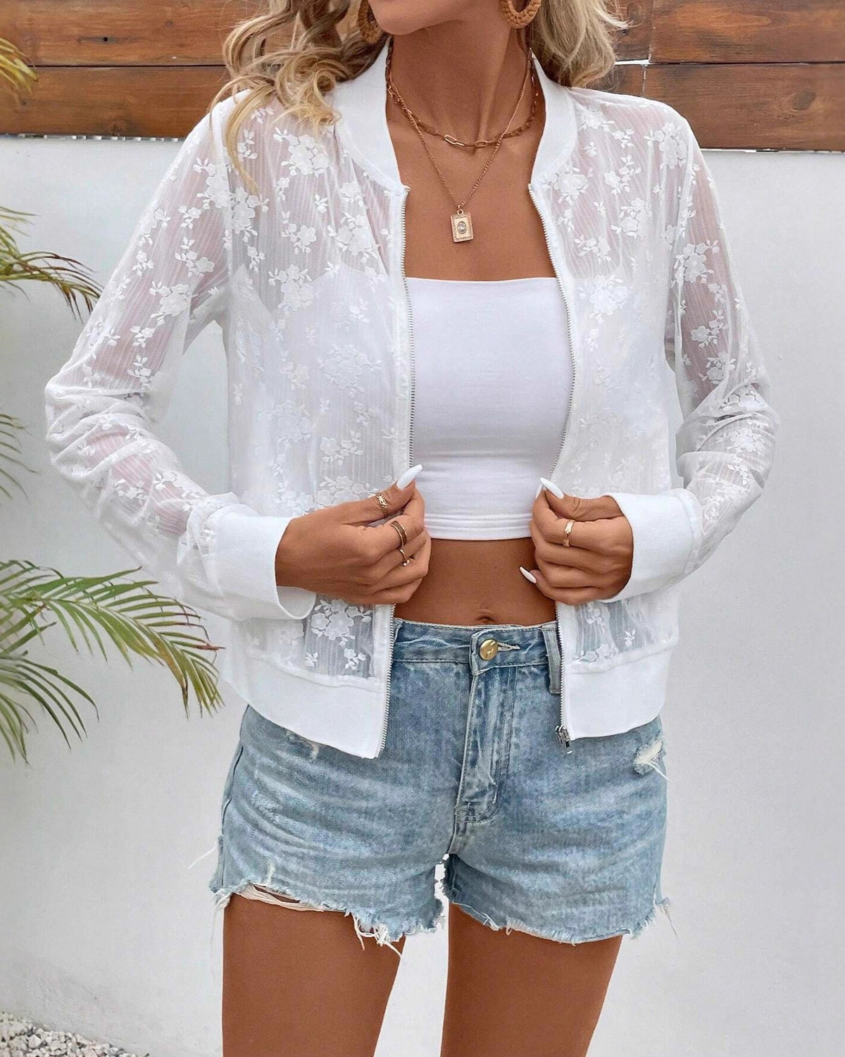 Sheer Floral Lace Zip Up Bomber Jacket - White