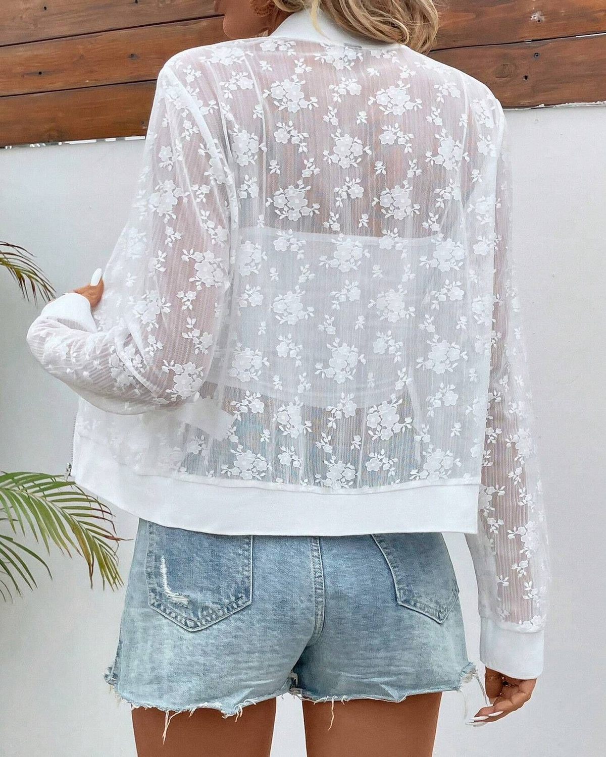 Sheer Floral Lace Zip Up Bomber Jacket - White - 3