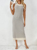 Fine Stripe Knit Tank Maxi Dress With Slit - Black