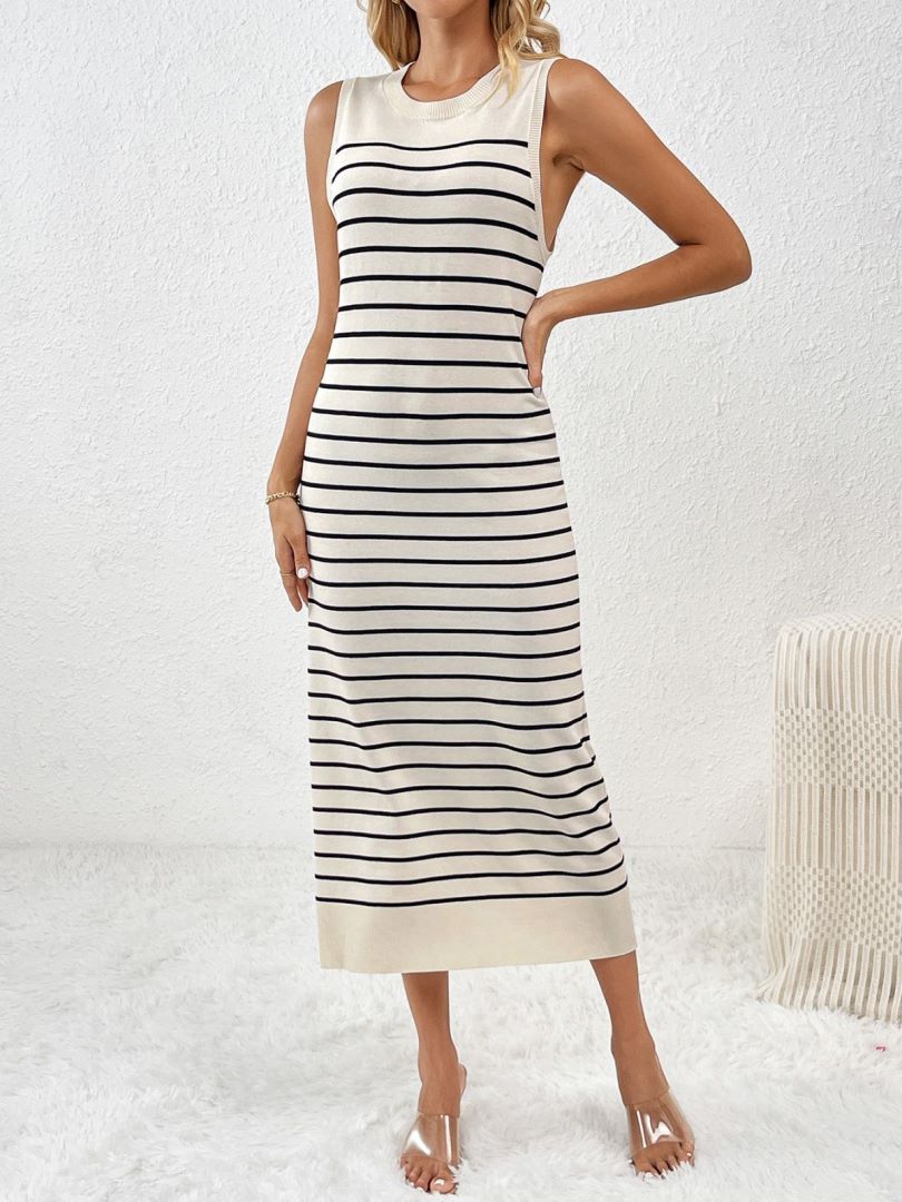Fine Stripe Knit Tank Maxi Dress With Slit - Black - 2